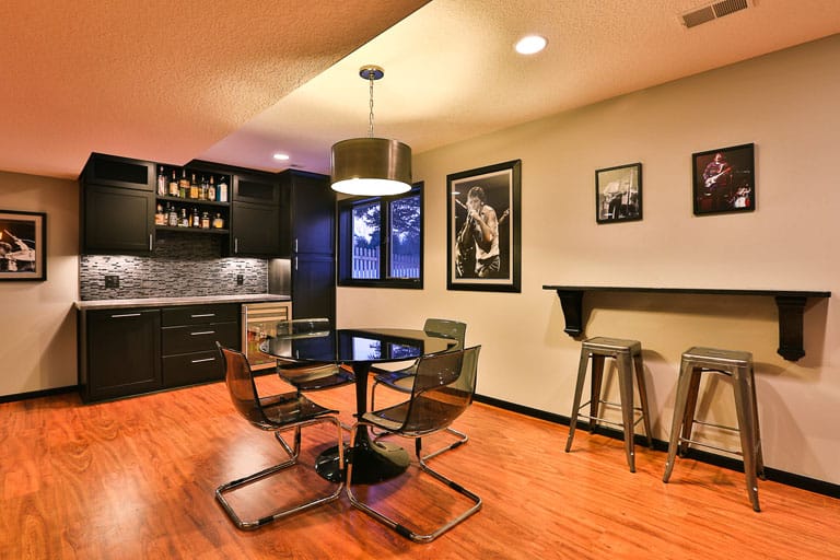 basement remodel with a bar