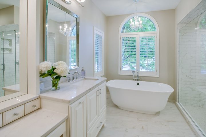 bathroom with stand alone bath tub